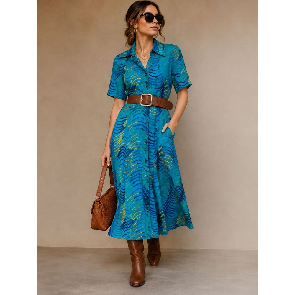 Vintage 1970s Domina Italian Cotton Shirt Dress Blue Chain Print Made in Italy